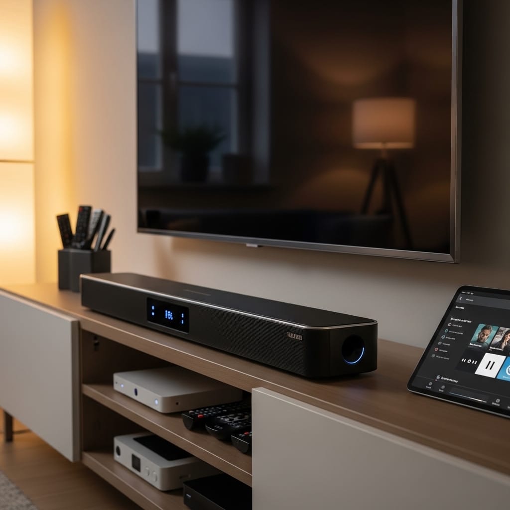 small soundbar, tv audio, home entertainment, compact speaker, streaming music