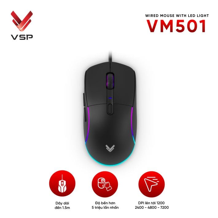 Chuột gaming VSP VM501 | Có dây, 7200 DPI, 115g, RGB, Đen - Ảnh 2