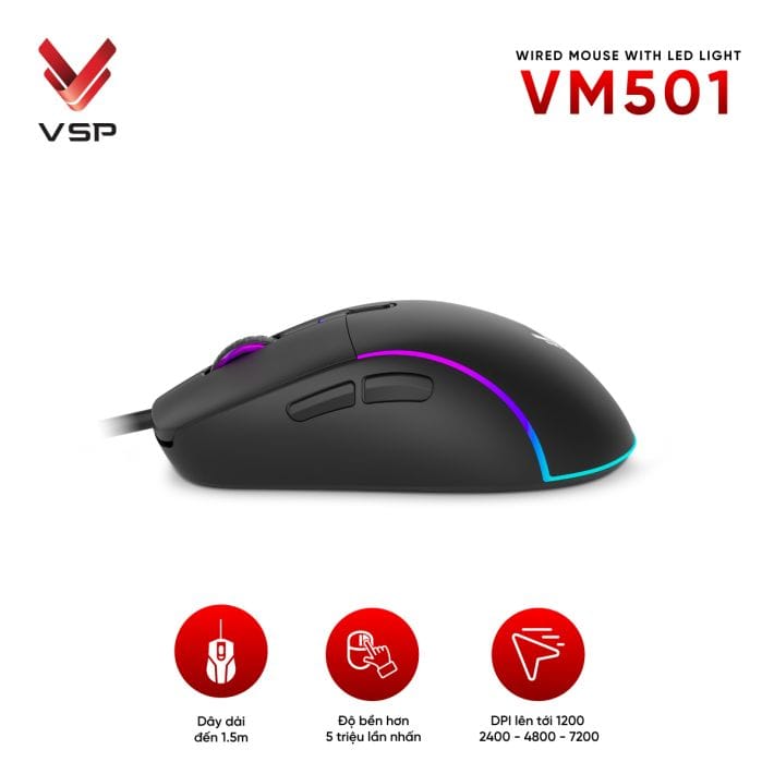 Chuột gaming VSP VM501 | Có dây, 7200 DPI, 115g, RGB, Đen - Ảnh 3