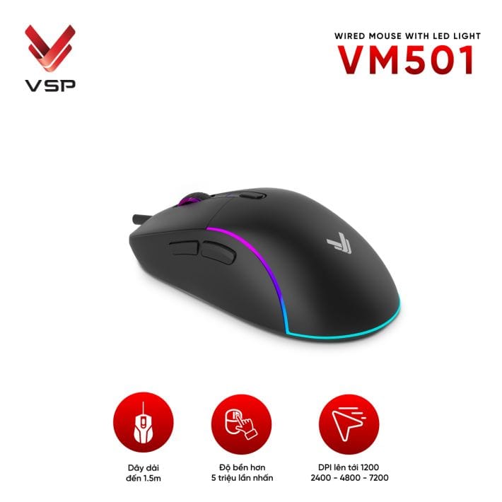 Chuột gaming VSP VM501 | Có dây, 7200 DPI, 115g, RGB, Đen - Ảnh 4