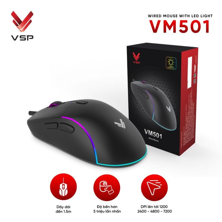 Chuột gaming VSP VM501 | Có dây, 7200 DPI, 115g, RGB, Đen - Ảnh 5