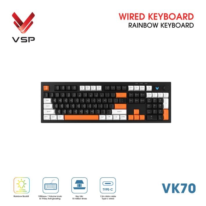 Bàn Phím Giả Cơ Có Dây VSP VK70 | Black-White-Orange (KM04-VK70000164) - Ảnh 2