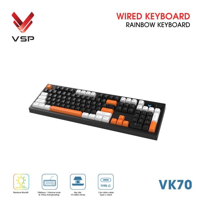 Bàn Phím Giả Cơ Có Dây VSP VK70 | Black-White-Orange (KM04-VK70000164) - Ảnh 5
